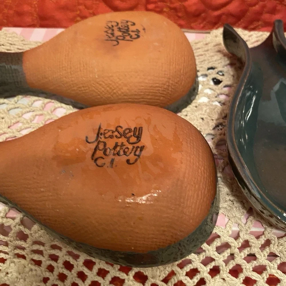 Vintage terra-cotta and dark green glazed handle dish Jersey Pottery 4 Available